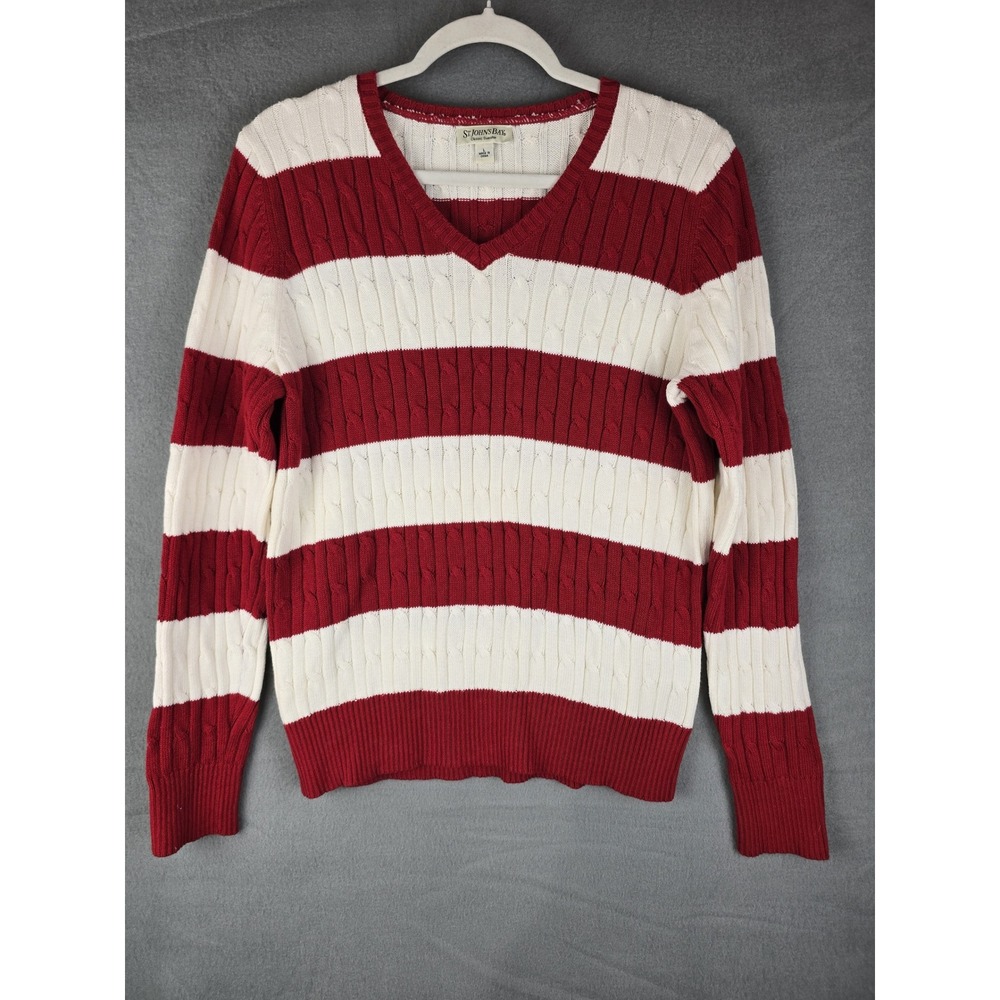 St. John's Bay Cable Knit Sweater Women L Red White Striped V-Neck Preppy